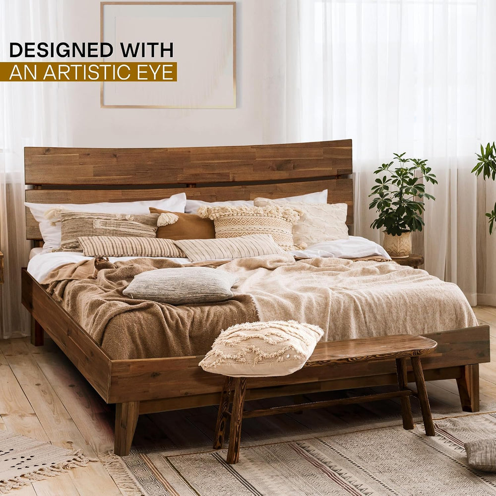 Acacia Aurora Solid Wood Platform Bed with Headboard, Wood Bed Frame Queen Si...
