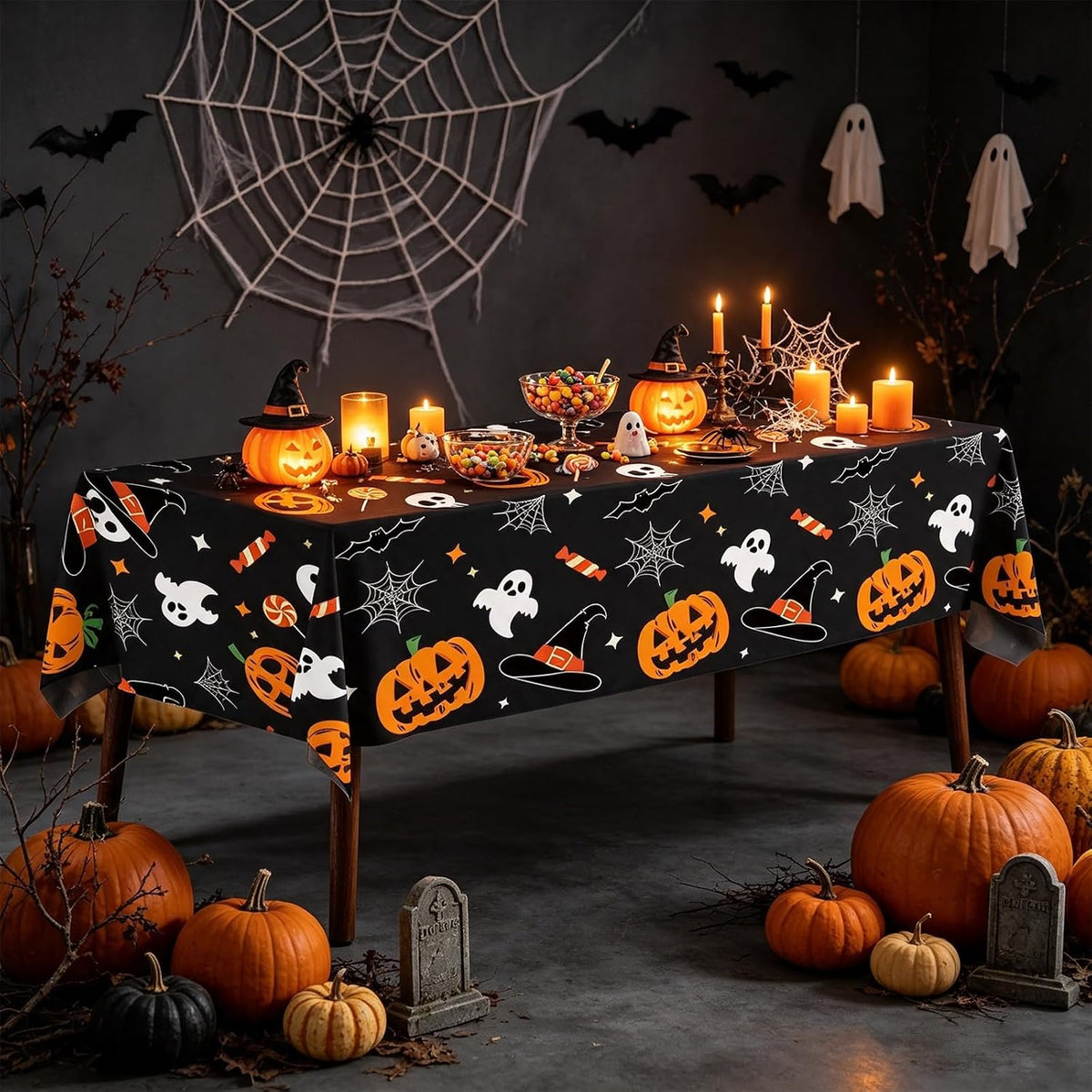 CXPSINC 54 Inch X 300 Feet Plastic Table Cover Roll Disposable Halloween Tablecloth with Slide Cutter Pumpkin Ghost Plastic Table Covers for Halloween Party Decorations(Pumpkin Ghost, 300 Feet)