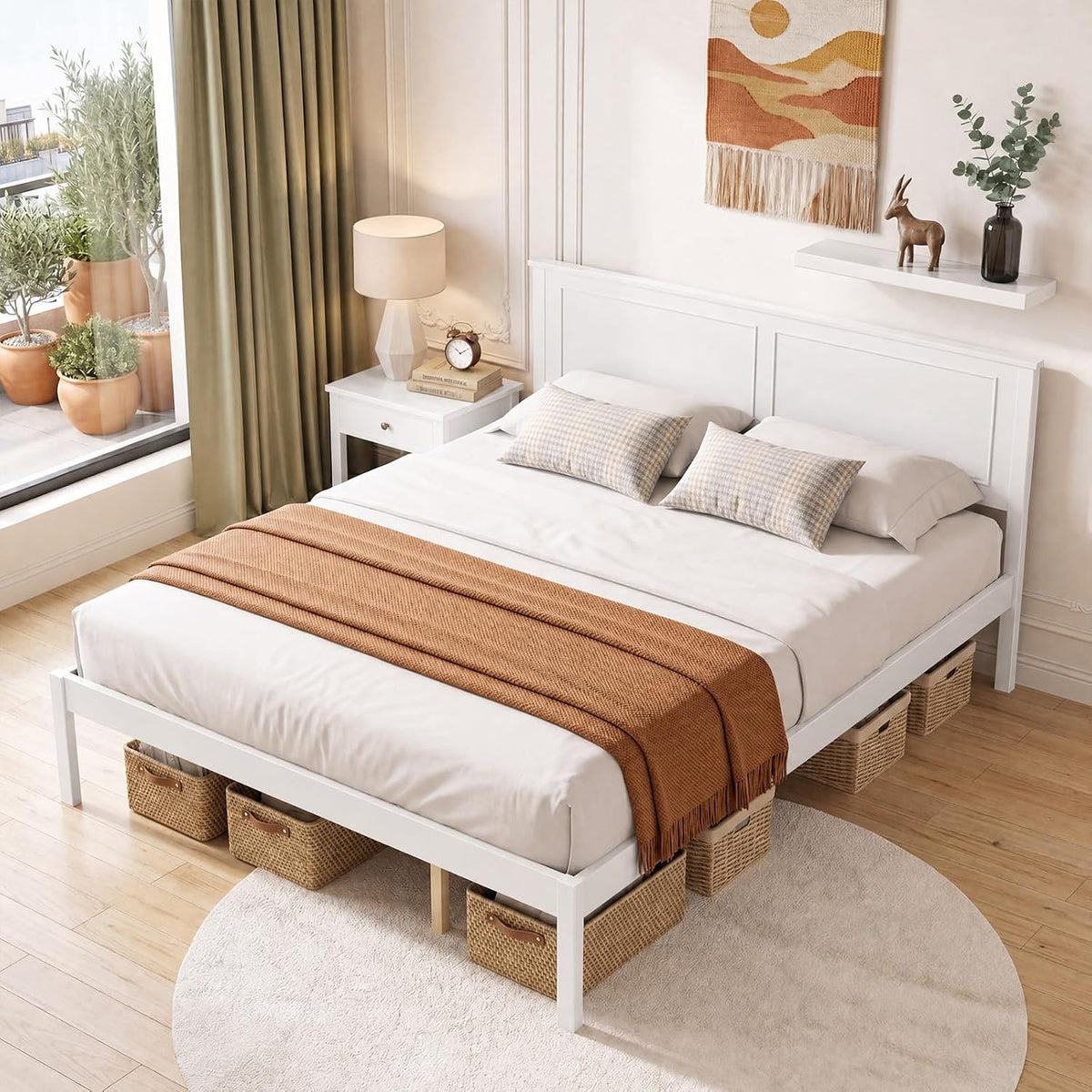 komfott queen size bed frame, farmhouse wooden platform, main product view