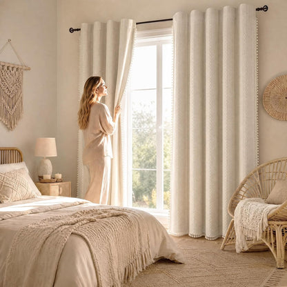 boho 100% blackout curtains 84 inch 2 panels, front angle view