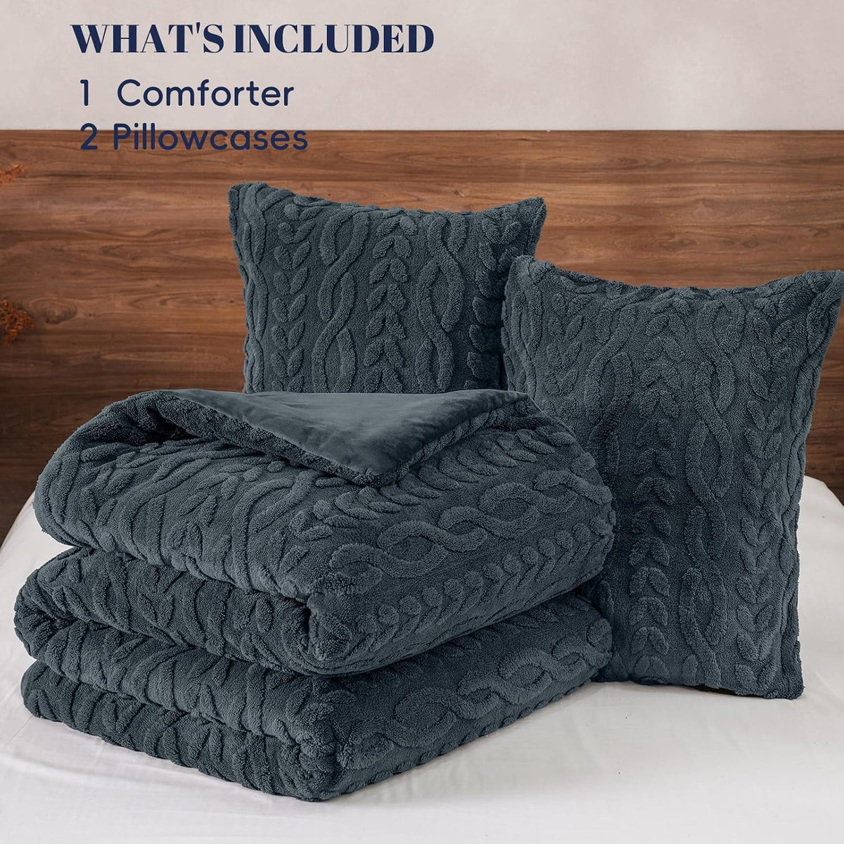 phf fluffy sherpa fleece queen comforter set, 3, package contents