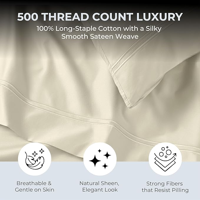 100% Natural Cotton Sheets Queen Size Bed Set | 500 TC Single-Ply Sateen Weave - Image 2