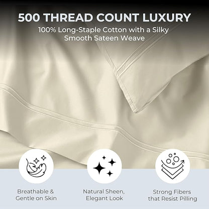 100% Natural Cotton Sheets Queen Size Bed Set | 500 TC Single-Ply Sateen Weave - Image 2