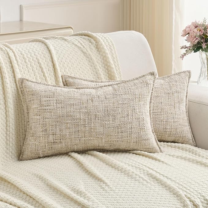 FUTEI Beige Decorative Throw Pillow Covers 12x20 Inch Set of 2, Soft Chenille by FUTEI