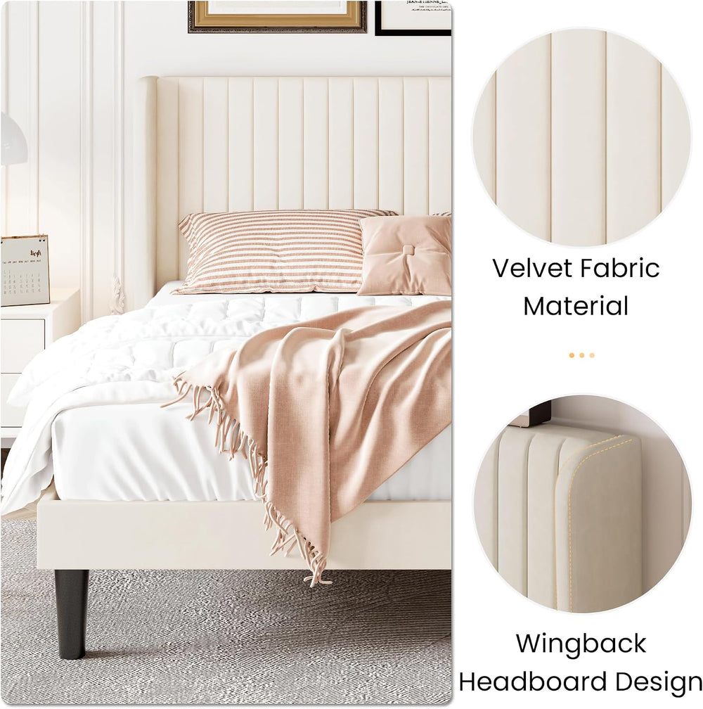 SHA CERLIN Full Size Velvet Bed Frame, Tufted Wingback Headboard, Cream
