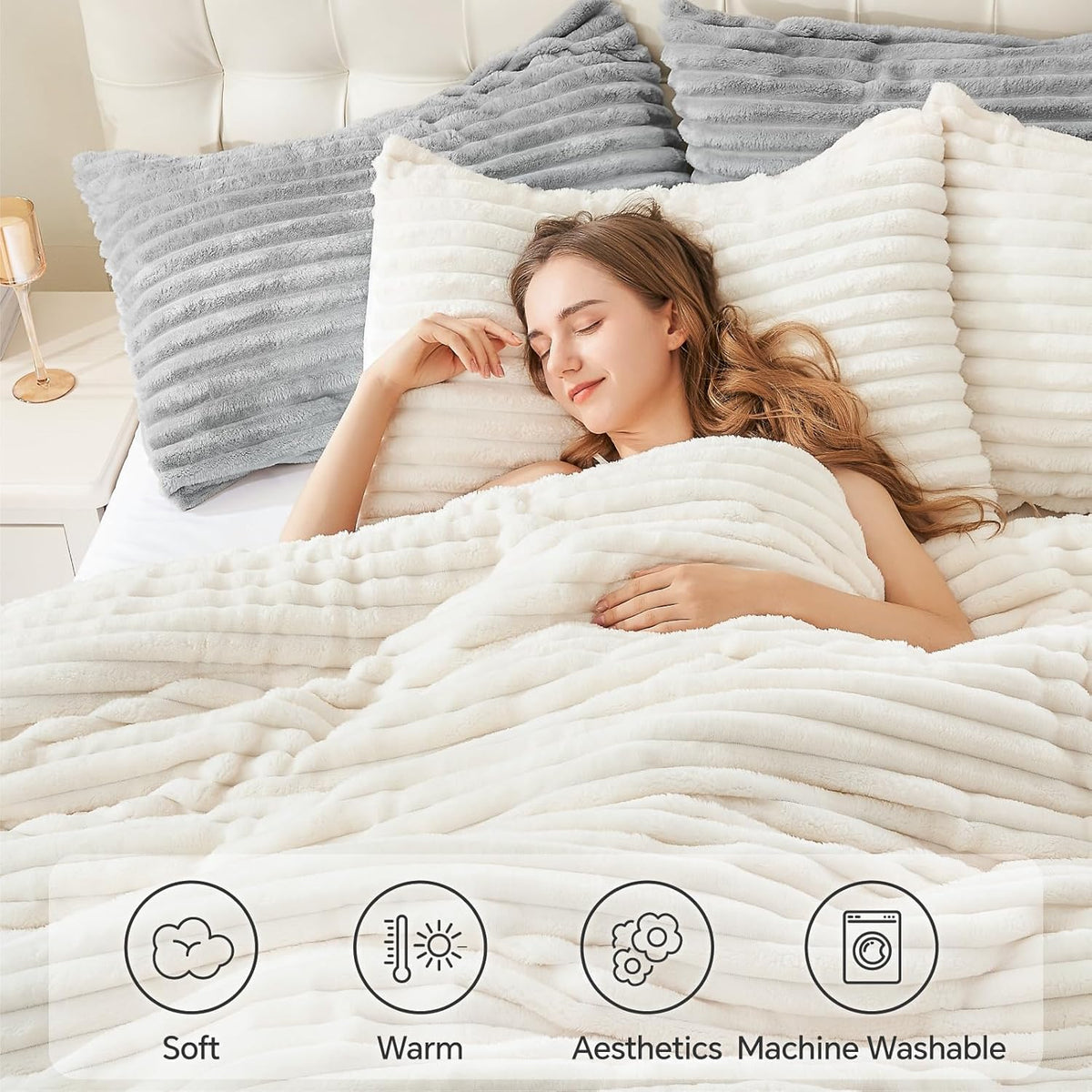 bedelite fleece queen comforter set, fluffy bed set showing dimensions