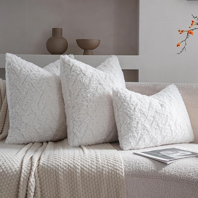 Neelvin Set of 2 Faux Fur Throw Pillow Covers 16x16 Inch White Cozy Soft Solid - Image 4