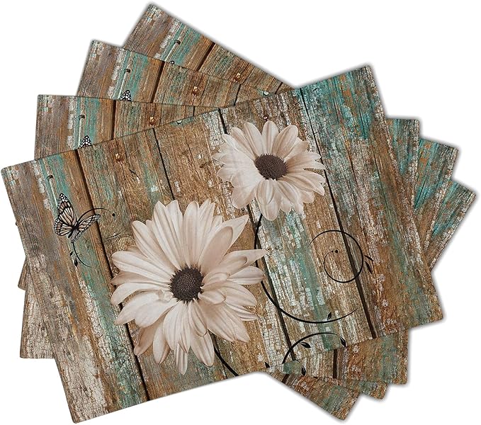 Giwawa Rustic Daisy Board Placemats- White Sunflowers on Vintage Wood Plank - Image 2