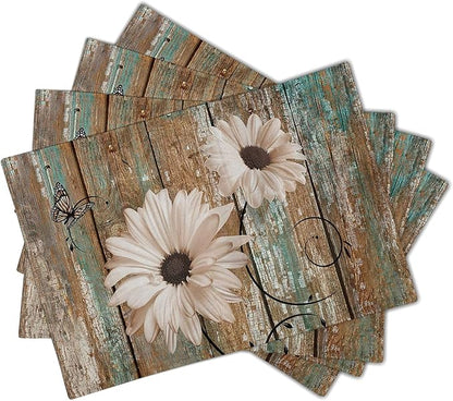 Giwawa Rustic Daisy Board Placemats- White Sunflowers on Vintage Wood Plank - Image 2