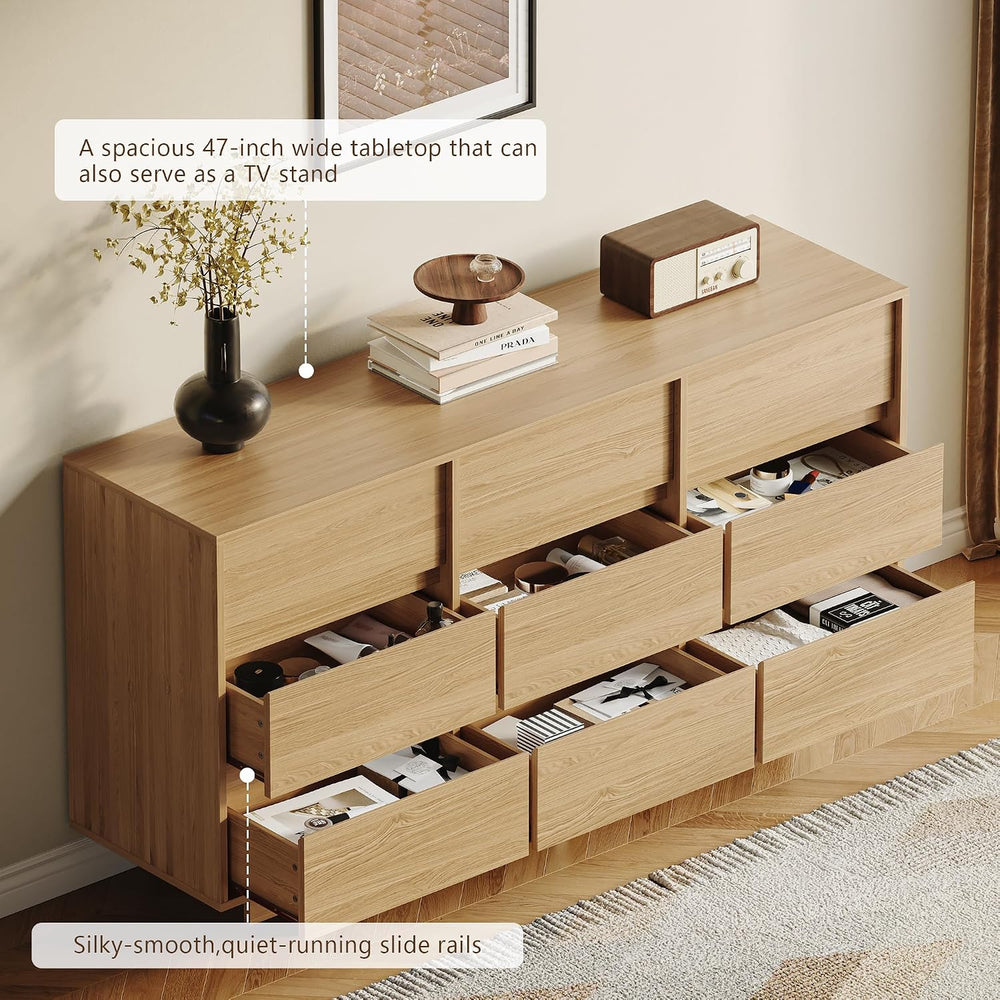 59in Oak 9 Drawer Dresser & 2 Nightstand Set, 3 Pcs Bedroom Furniture
