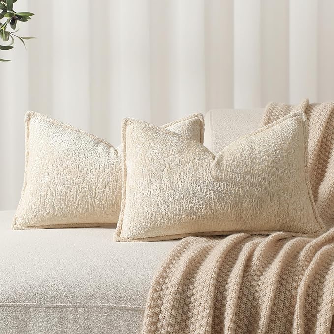 Pack of 2 Beige Decorative Throw Pillow Covers 12x20 Cozy Soft Chenille Boho by DEZENE