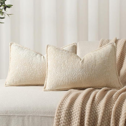 Pack of 2 Beige Decorative Throw Pillow Covers 12x20 Cozy Soft Chenille Boho by DEZENE