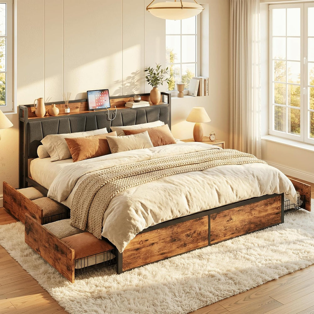 LIKIMIO King Size Bed Frame with 4 Storage Drawers and Charged Headboard