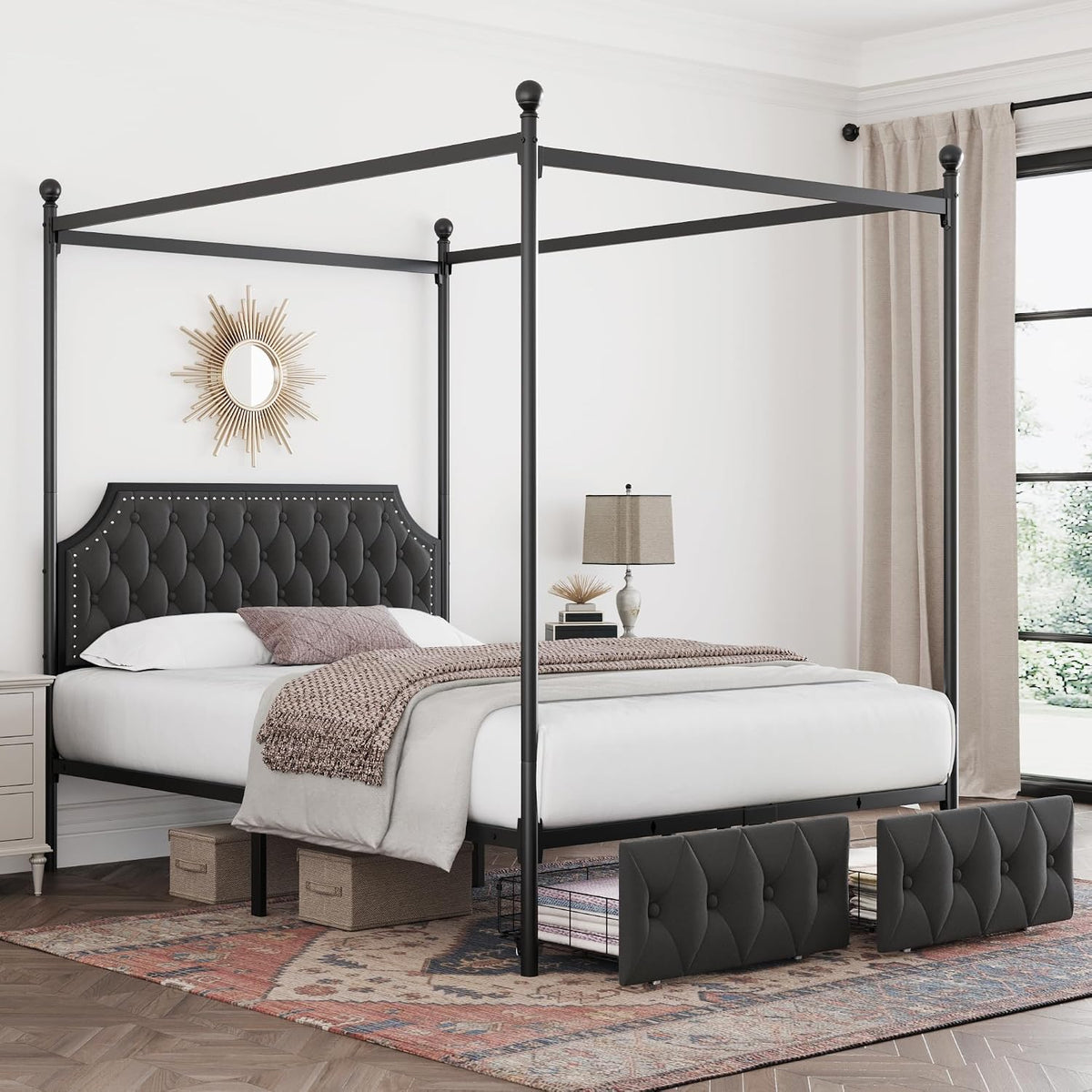 keyluv queen upholstered canopy bed frame with 2 showing dimensions