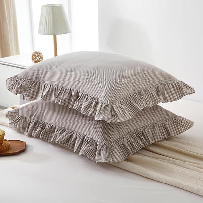 Aryeleay 2 Pack Brown White Plaid Ruffle Throw Pillow Covers, 100% Cotton - Image 2