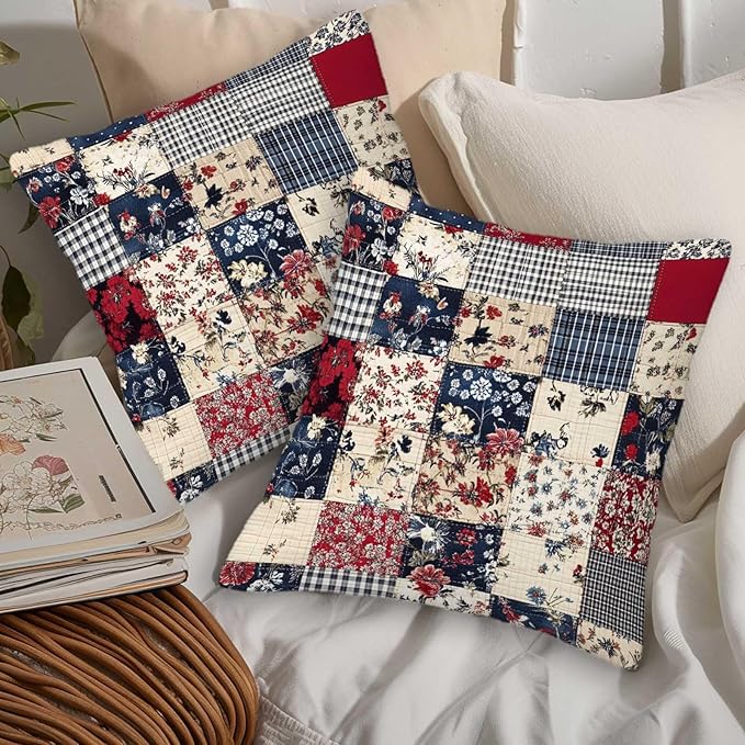 Floral Throw Pillow Covers 18x18 Set of 2 | Decorative Faux Patchwork Cushion - Image 5