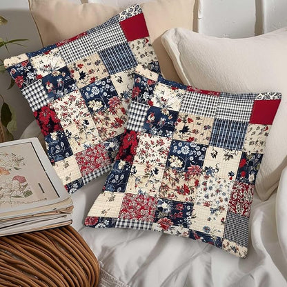 Floral Throw Pillow Covers 18x18 Set of 2 | Decorative Faux Patchwork Cushion - Image 5
