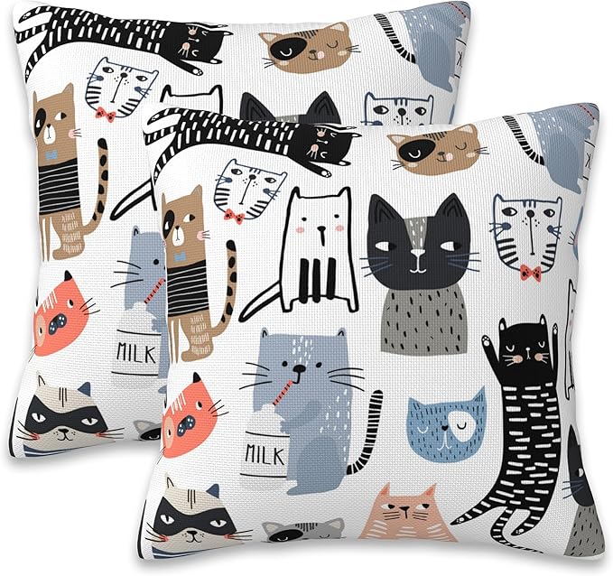 Throw Pillow Cover Case Funny Cats Pillow Covers 16x16 Inch Set of 2, Soft by Naqiuli