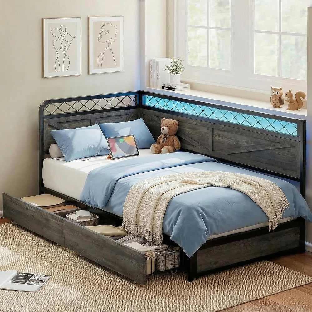 ANCTOR Corner Bed Frame Twin DayBed with Storage Drawers, Charcoal Grey