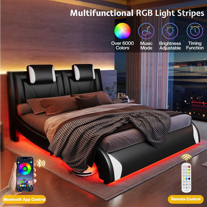 jocisland full led bed frame/faux leather headboard/wave design, close-up detail