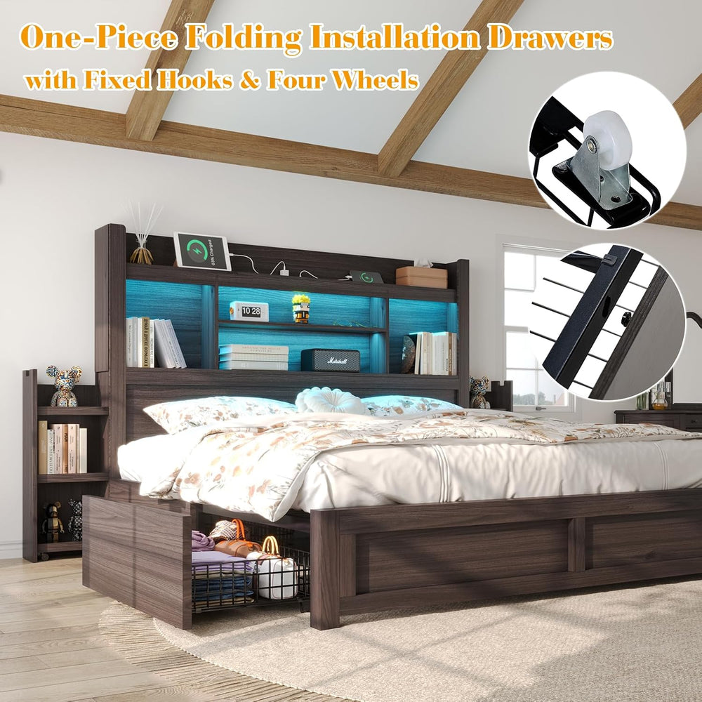 King Size Bed Frame with Bookcase Headboard & Storage, Black
