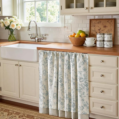jinchan Linen Kitchen Curtain 36 Inch French Floral Double Layer Curtain - Image 3