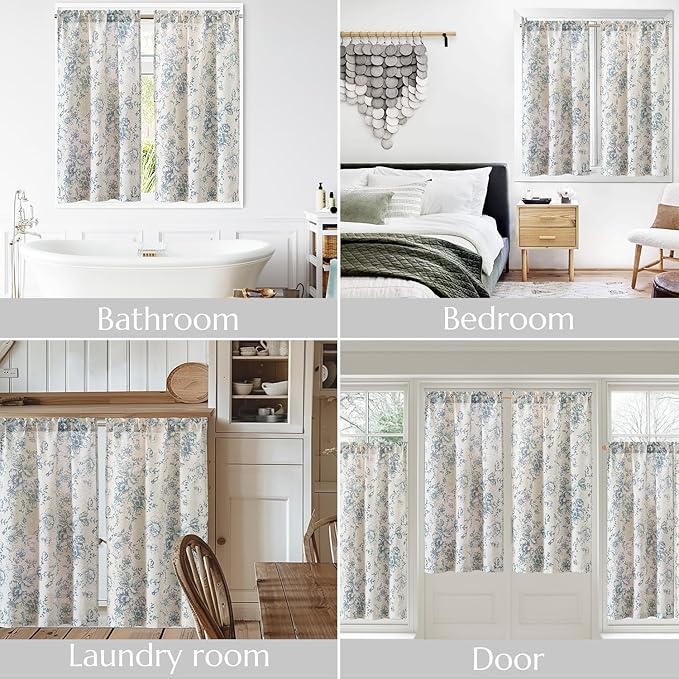 jinchan Floral Linen Tier Curtains 45 Inch Farmhouse Botanic Cafe Drapes - Image 7
