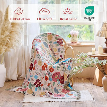 MSGKV Boho Throw Blanket for Couch 100% Cotton Floral Blanket 50"x60" Sofa Bed - Image 2