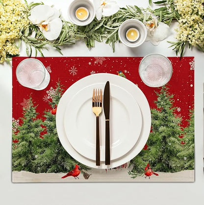 Snowman Christmas Red Placemats Set of 4 Xmas Tree Cardinal Snowflakes Linen - Image 3