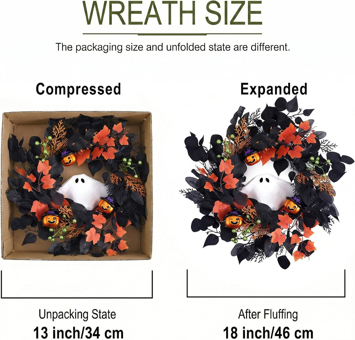 DecorbyHannah 20'' Halloween Wreath for Front Door with Lights Ghost Decor