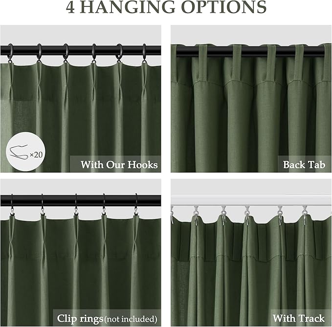 Olive Green Pinch Pleat Linen Curtains 54 Inch Long - Image 2