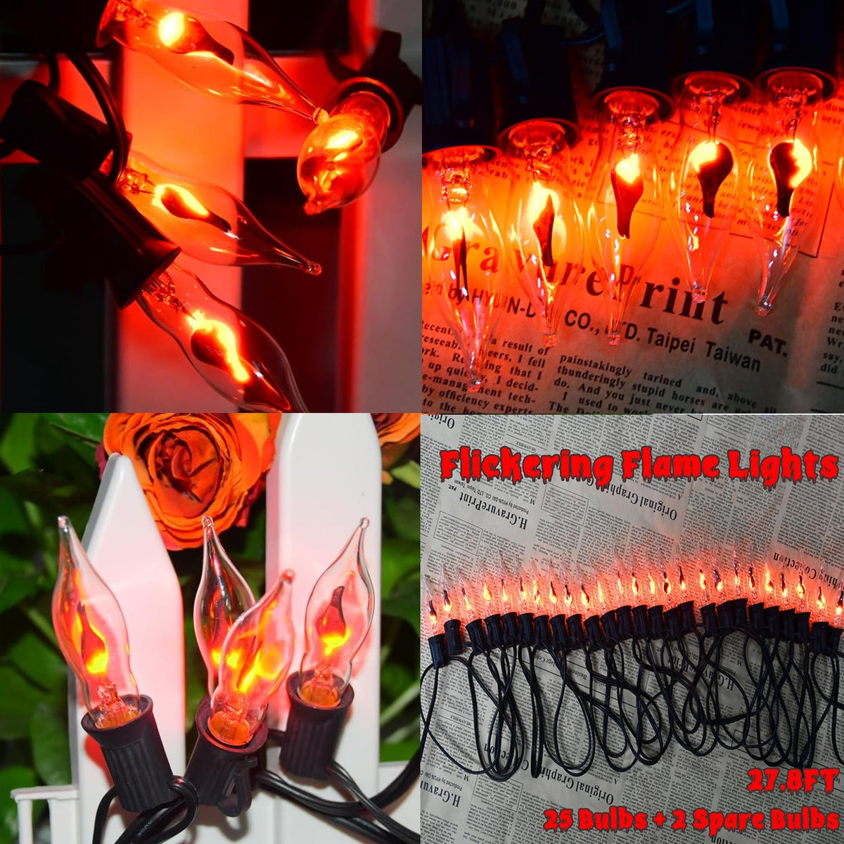 PASUTO 27.8Ft Halloween Decor Lights Flickering Flame String Lights with 25+4 Pack Clear Glass Flame Light Bulbs for Fall Decor Halloween Decorations Indoor Outdoor Home Party Fireplace, E12 Base