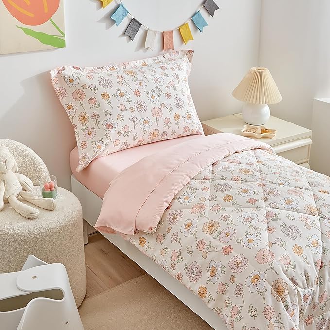 DuShow Floral 4 Piece Girls Toddler Bed Comforter Set Pink Flower Reversible - Image 2