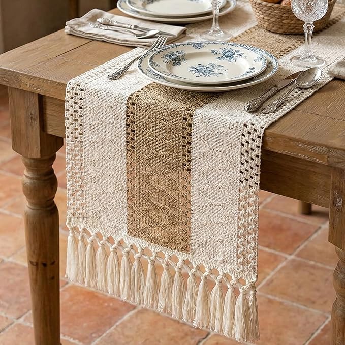 Boho Macrame Table Runner with Tassels Farmhouse Rustic Dining Woven Table by Xiomot