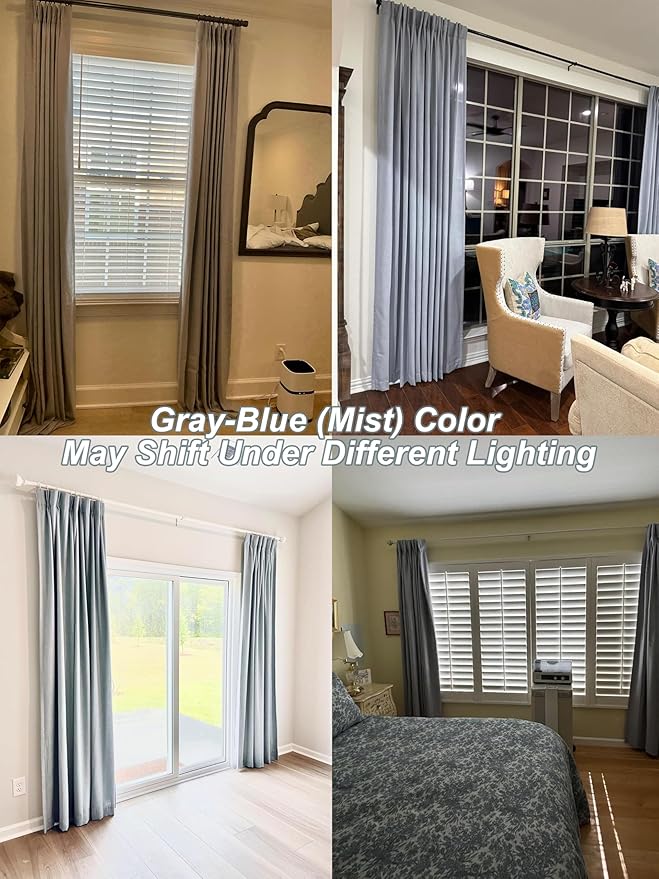 Vision Home Blue Gray Pinch Pleated Full Blackout Curtains Linen Blended Room - Image 3