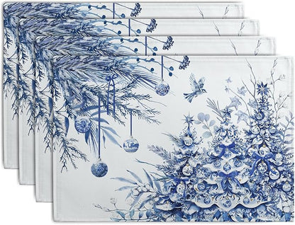 Blue and White Christmas Tree Placemats Set of 4, 12x18 Inch Chinoiserie Xmas by Wnoesat