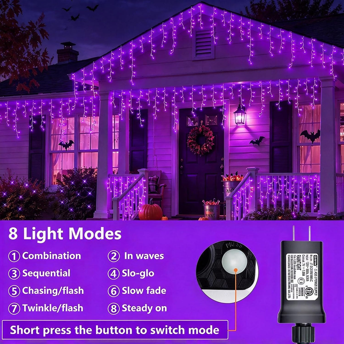 QITONG Purple Halloween Lights, 33ft 400 LED Icicle Lights for Outside Plug in, Clear Wire Connectable String Light Indoor with 8 Modes