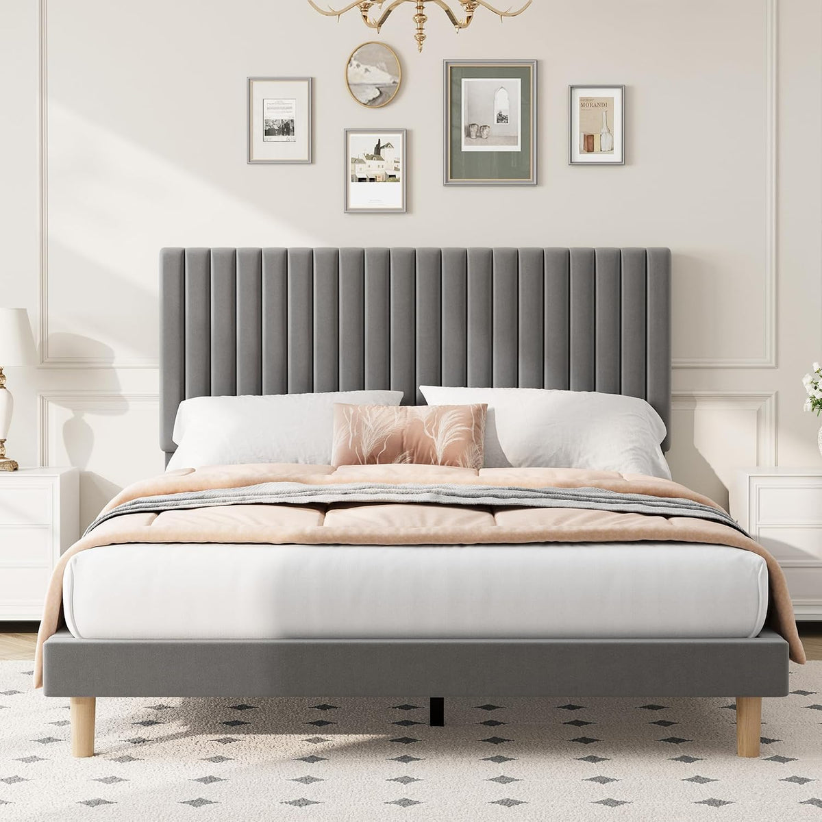full bed frame with adjustable headboard, velvet upholstered, close-up detail