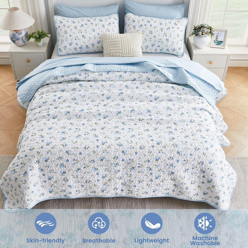 Queen/Full Size Floral Quilt Set Blue Shabby Chic Flower Bedspreads Set