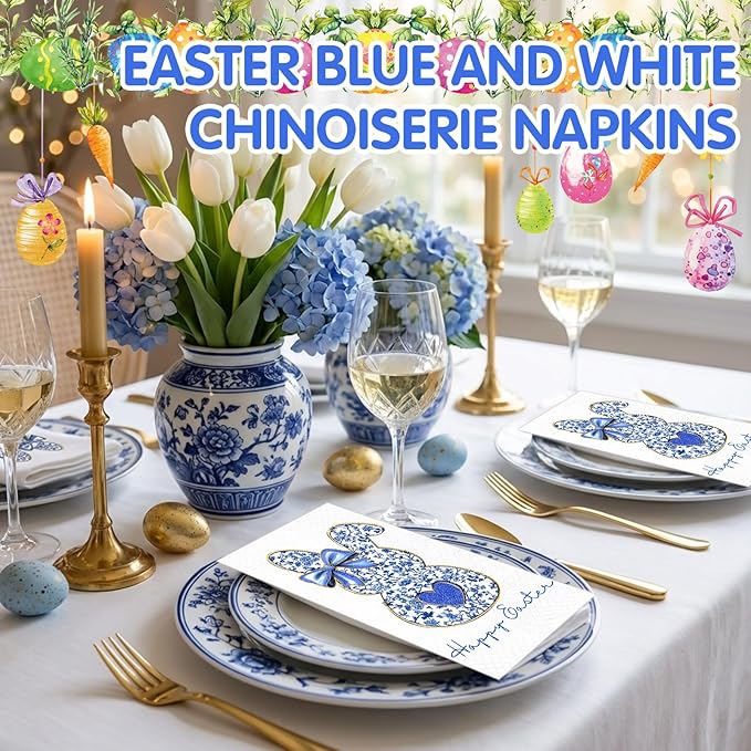 Peryiter 100 Pcs Easter Blue White Bunny Paper Napkins 13 x 15.7 Inch Retro - Image 4