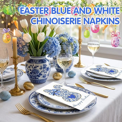 Peryiter 100 Pcs Easter Blue White Bunny Paper Napkins 13 x 15.7 Inch Retro - Image 4