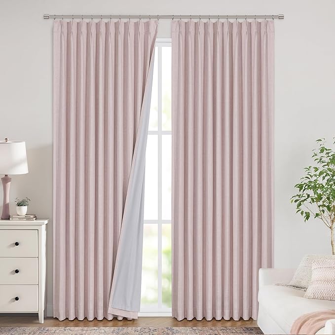 Vision Home Soft Pink Pinch Pleated Full Blackout Curtains Linen Blended Room - Image 2