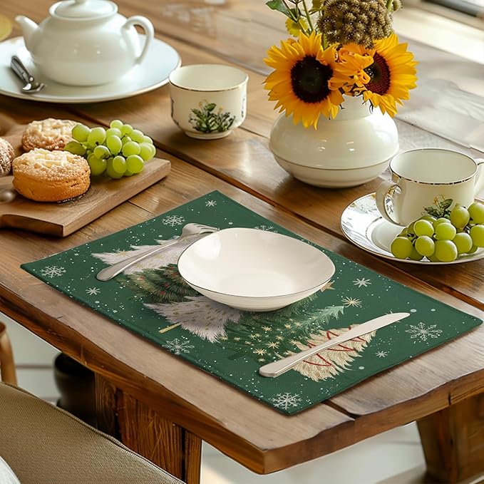 Green Christmas Tree Placemats Set of 4, 12x18 Inch Xmas Trees Snowflakes - Image 6