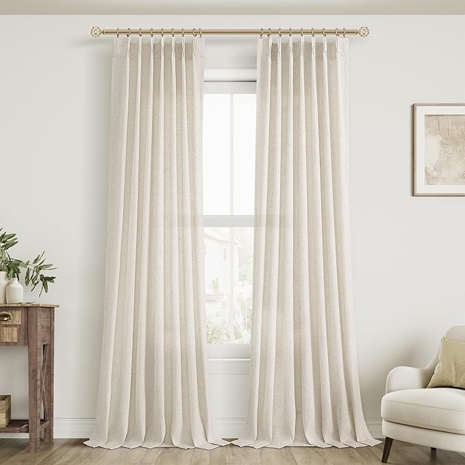 Cream Beige Pinch Pleat Linen Curtains 90 Inch Length 2 Panels Set by Aersas