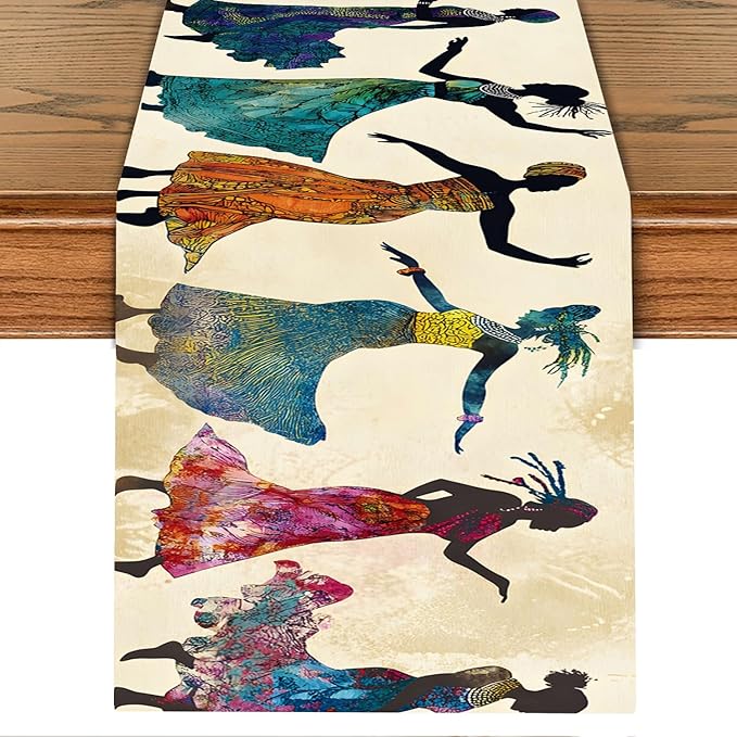 African Women Table Runner Colorful Tribal Dancing Lady Art Table Runner by THISFIND
