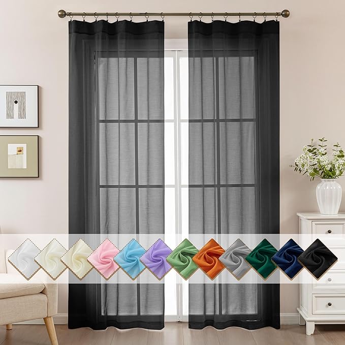 Black Sheer Curtains 84 Inches Long, Privacy Semi Sheer Curtains by ABLUEN