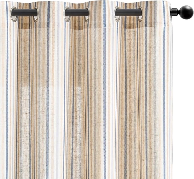 Vangao Linen Striped Blue Curtains Boho Tickingstripe Light Filtering Nursery by Vangao