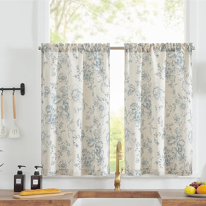 jinchan Floral Linen Tier Curtains Blue Flower on Beige Cafe Curtains 36 Inch by JINCHAN