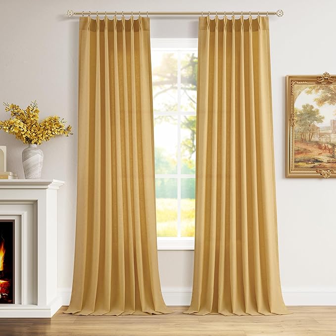 Gold Yellow Pinch Pleated Linen Curtains 108 Inch Length 2 Panels by Aersas