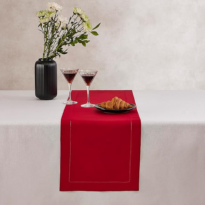Home Ekaa Red Cotton Linen Table Runner 120 Inches Long – Washable Hemstitch 14 - Image 3